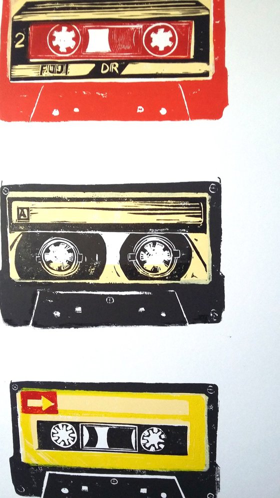 Linocut tapes #50 (cassette tapes, retro music, 70's, 80's rock culture)