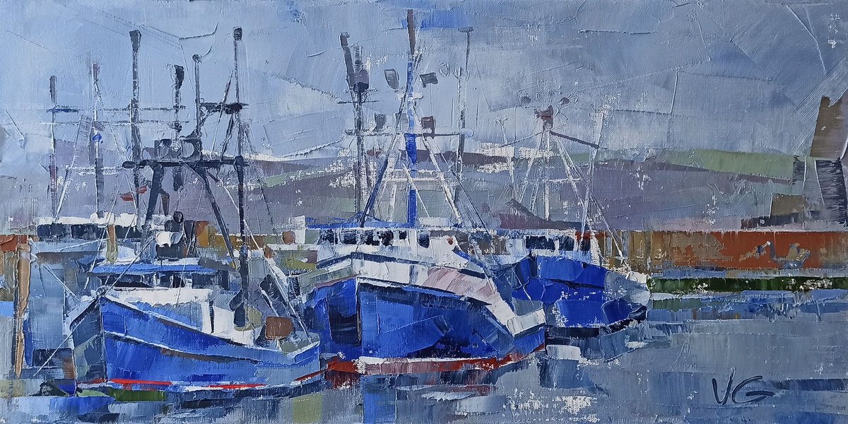 Impressionistic Transport Oil Painting By Volodymyr Glukhomanyuk, 28 X 14", Seagulls, Original Artwork