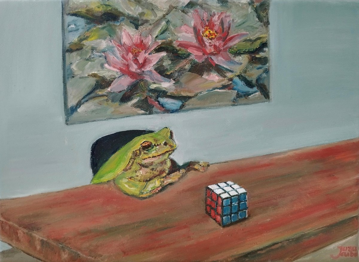 Photorealistic Oil Painting , Frog With A Rubik