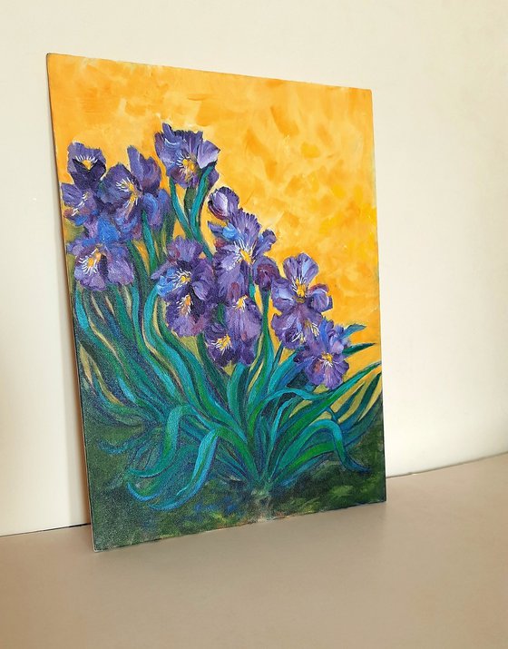 Purple Irises Expressionist acrylic painting on canvas 12"x 16"