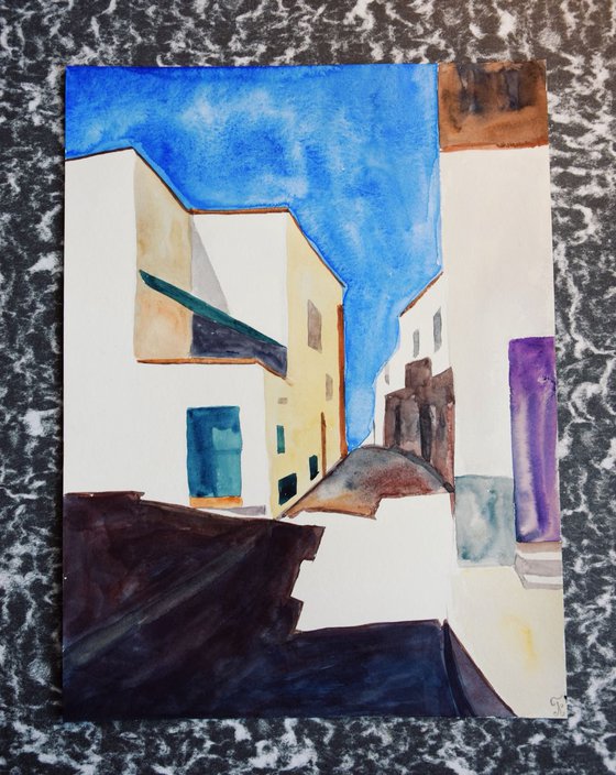 Original watercolor painting Summer sea town in Italy, Marettimo Island