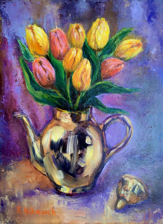 Tulips in a golden tea pot