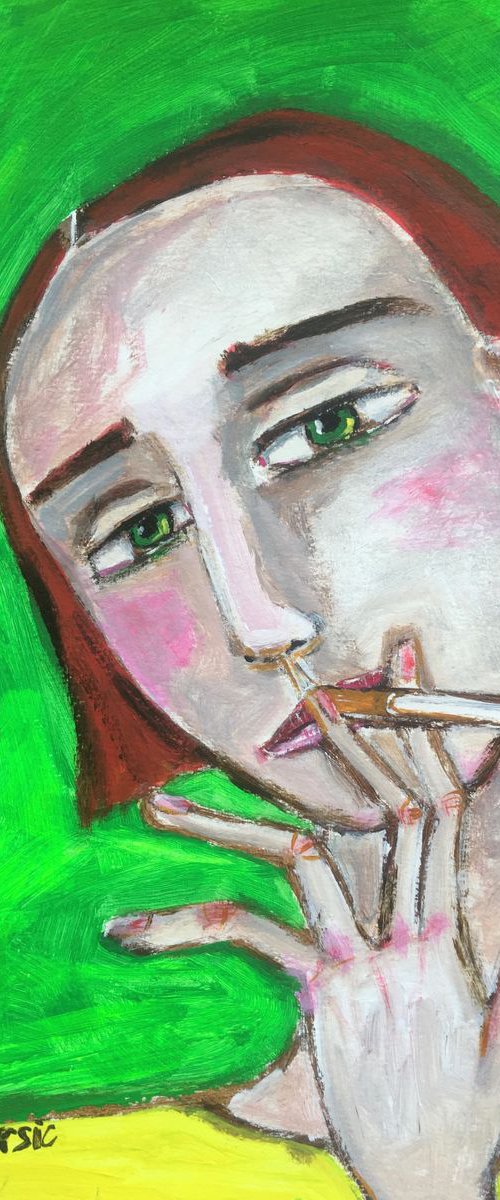 Girl Smoking 2 - woman with cigarette vintage quirky and colourful girl by Sharyn Bursic