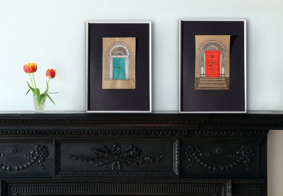 Turquoise and red doors - Set of 2 architecture mixed media drawing