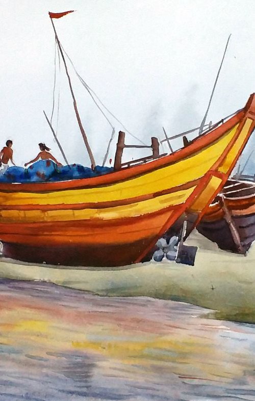 Colorful Fishing Boats - Watercolor Painting by Samiran Sarkar