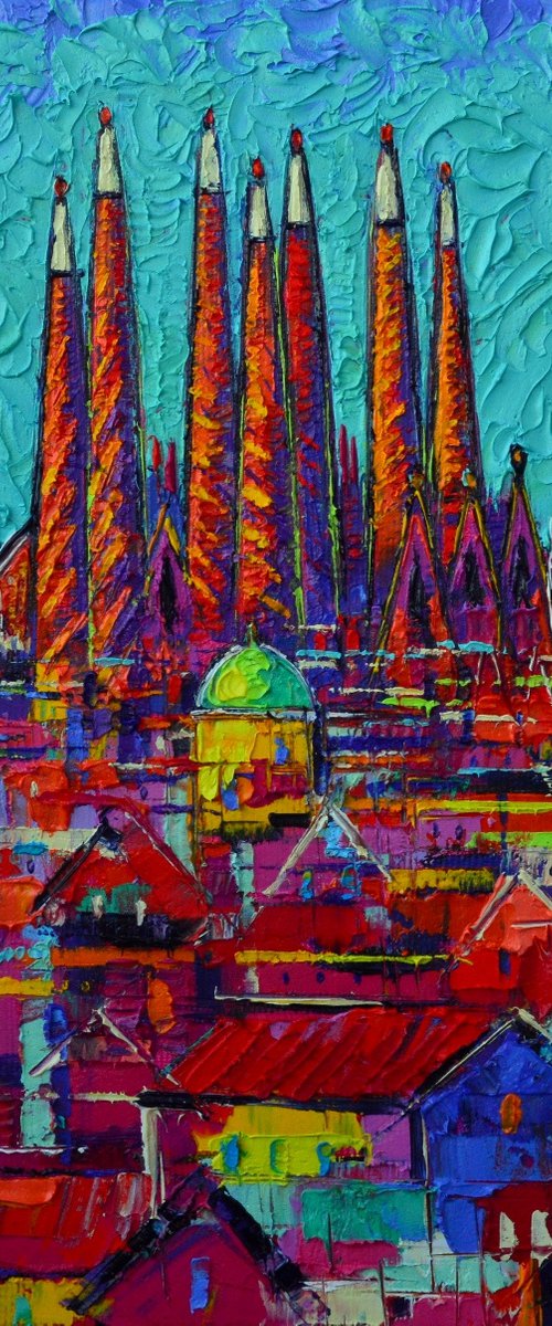 ABSTRACT CITYSCAPE BARCELONA SAGRADA FAMILIA stylized city textural impressionist impasto palette knife oil painting contemporary art by ANA MARIA EDULESCU by ANA MARIA EDULESCU