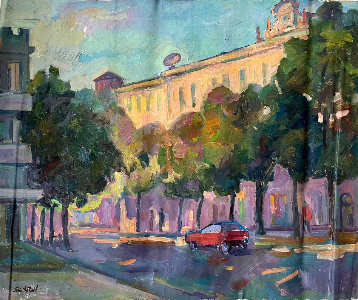 Impressionistic Landscape Oil Painting By Peter Tovpev, 26 X 31", Morning In The City, Original Artwork