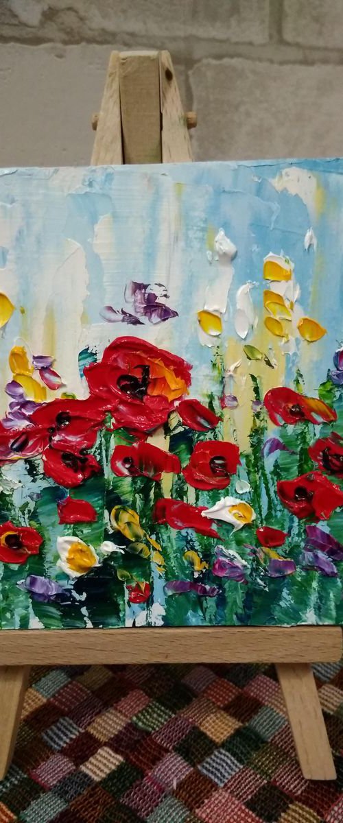 Poppies and wildflowers miniature painting by Oksana Fedorova