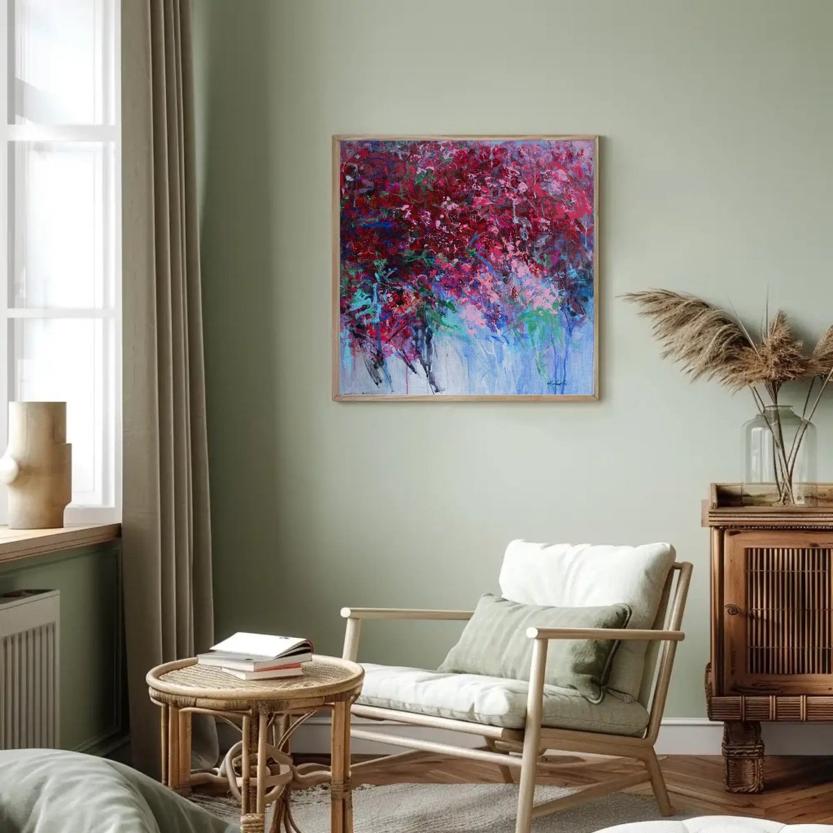 Impressionistic Abstract Acrylic Painting By Katia Solodka, 28 X 28", Mediterranean Blossom, Original Artwork