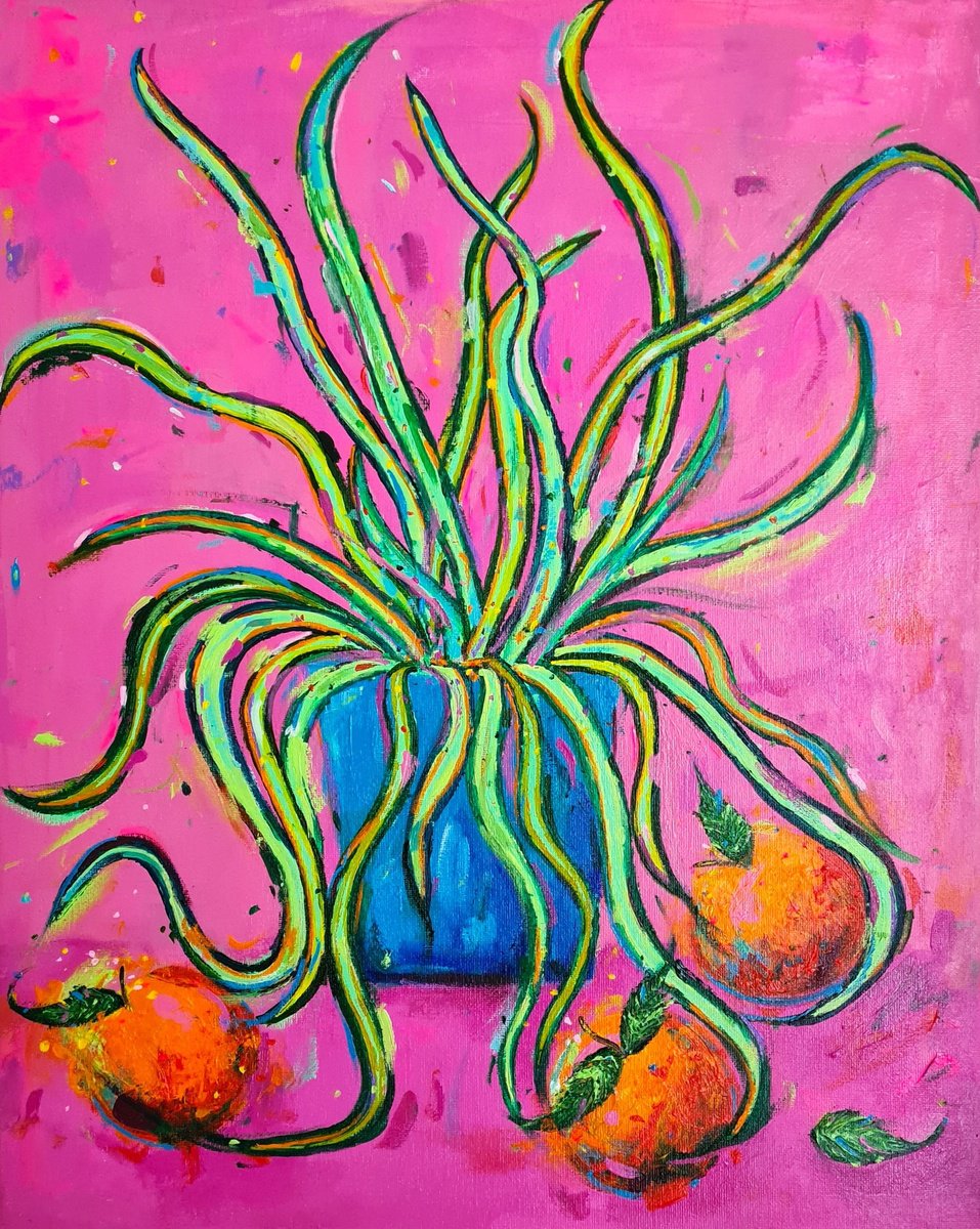 Impressionistic Still Life Acrylic Painting By Dawn Underwood, 16 X 20, Spider Plant And Three Oranges, Original Artwork