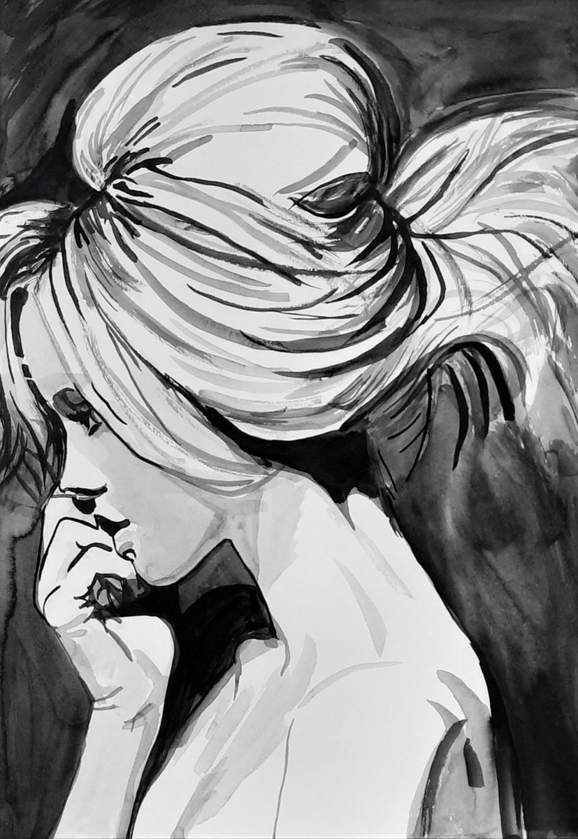 Urban And Pop Portrait Ink Drawing By Alexandra Djokic, 12 X 17, Girl With A Bun, Original Artwork