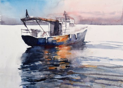 FIshing ship in sunset by Goran Žigolić Watercolors