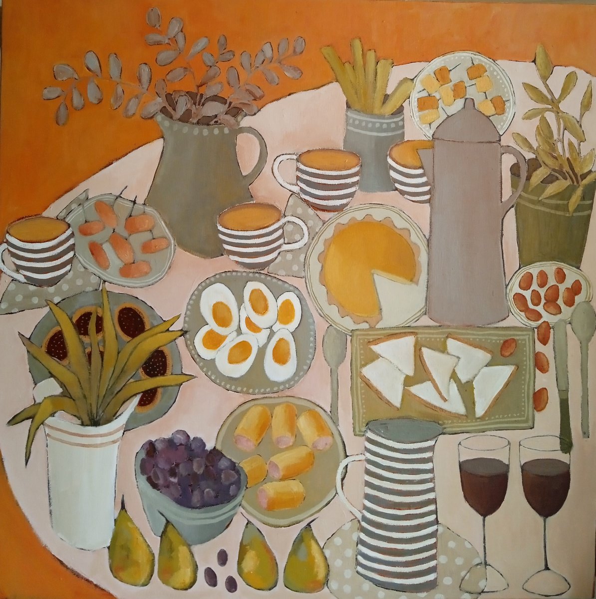 Naive Painting , The Buffet.... By Fiona Philipps, 35 X 35, Artwork For Sale On Artfinder