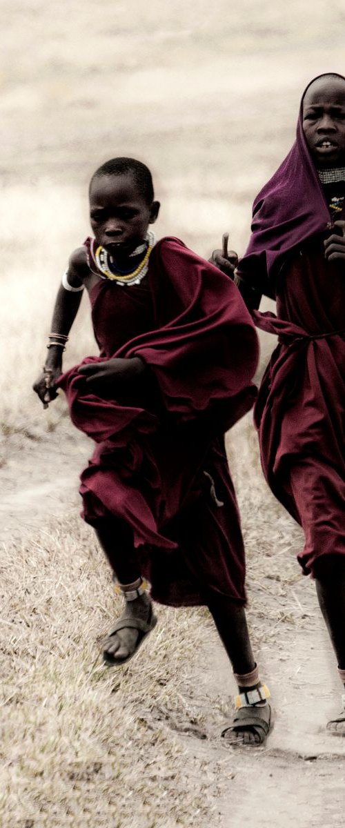 Maasai running, Ol Doinyo Lengai by Suzanne Porter