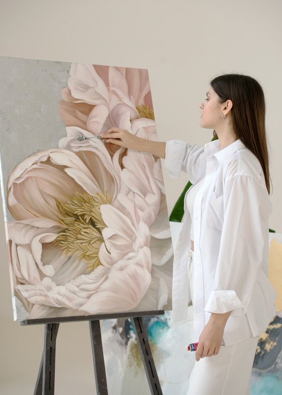 "Silk Flowers" Pink silver peonies oil art