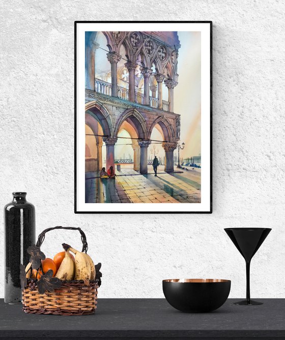 Doge's Palace. Venetian landscape. Original watercolor painting - Gift for her - Gift for him - Ideas for gift