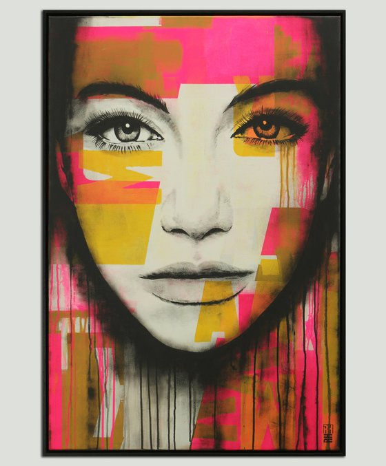 Portrait - Incl Frame - Pop Art Girl Painting - Neon Pink - Bright Eyes in White -