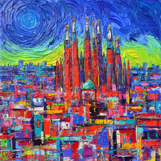 AURORA IN BARCELONA SAGRADA FAMILIA is an impasto textural abstract cityscape modern impressionism palette knife oil painting by Ana Maria Edulescu