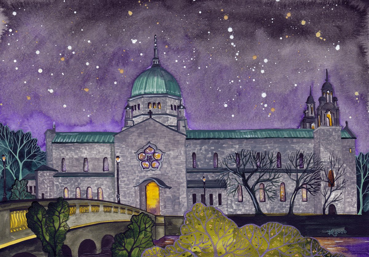 Impressionistic Cityscapes Painting By Terri Smith, 19 X 15", Galway Cathedral At Night, Original Artwork