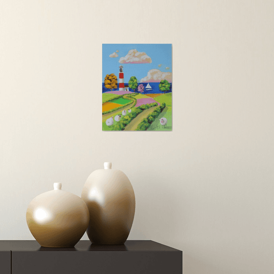 Sheep and a lighthouse folk art landscape