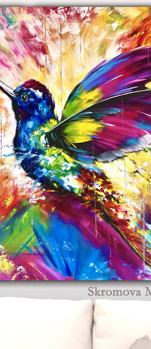 ENERGY COLOR - Exotic bird. Fabulous bird. Abstract bird. Gorgeous hummingbird. Paradise hummingbird. Flight. Magic. Dreams. Multi-colored. Close-up. by Marina Skromova