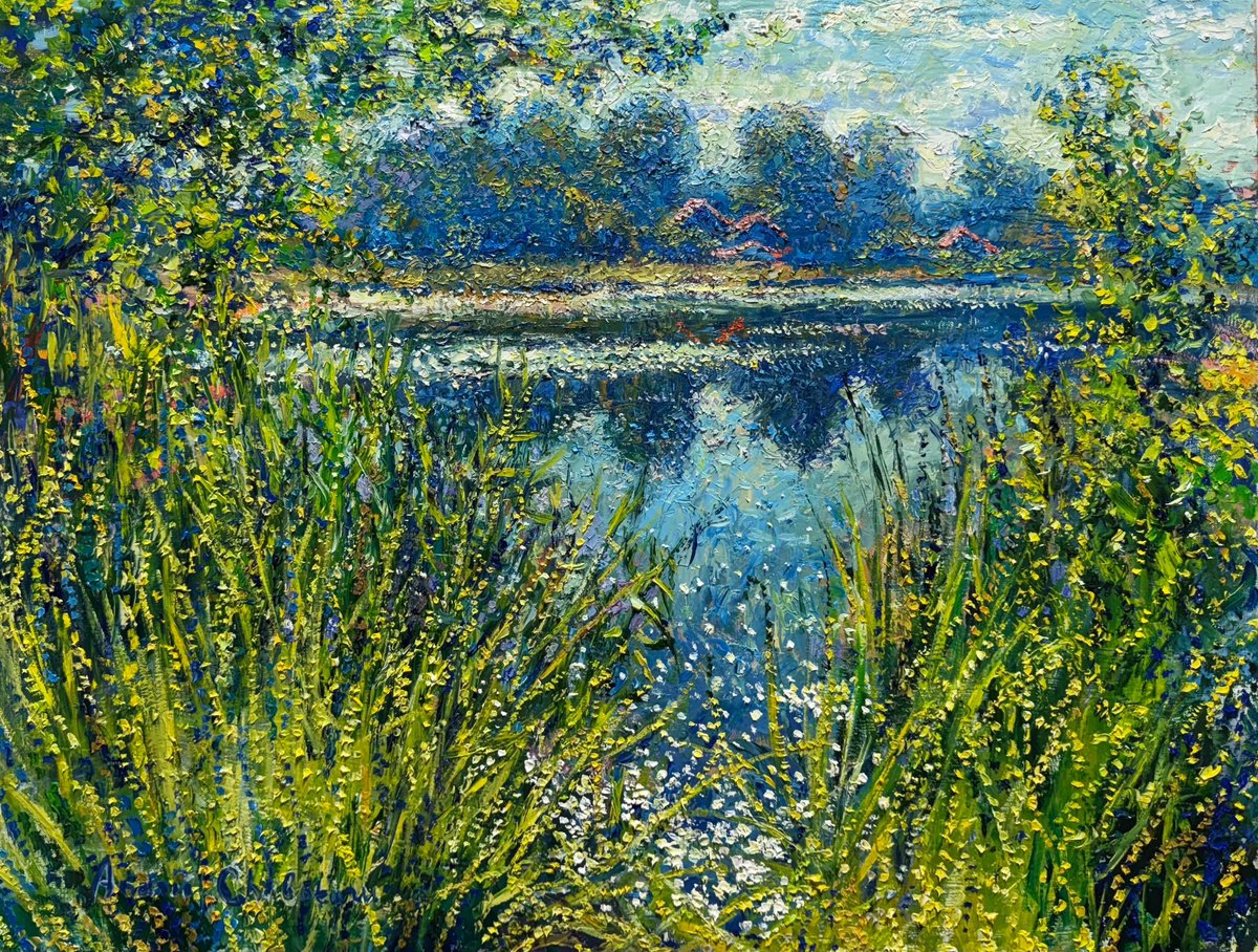 Impressionistic Landscape Oil Painting By Andrii Chebotaru, 31 X 24, Melody Of Water, Original Artwork