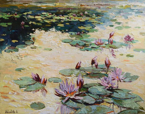 Water lilies Original Oil painting Free Shipping 95x75 cm