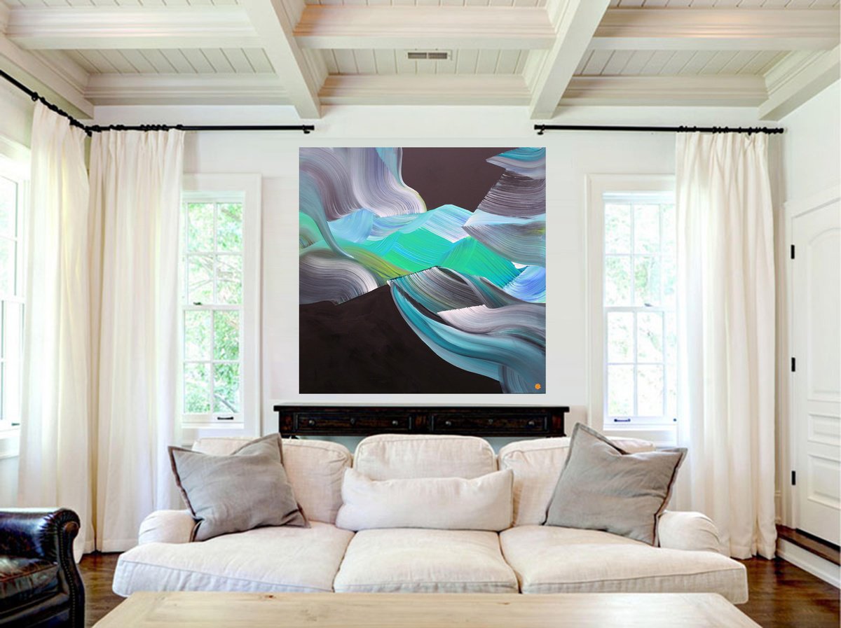 Organic Abstract Acrylic Painting By Susan Wooler, 39 X 39", Sea Coast Waves, Original Artwork