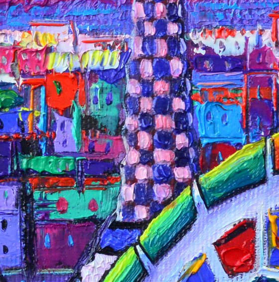 VIBRANT BARCELONA NIGHT VIEW FROM PARK GUELL abstract stylized cityscape impasto textural modern impressionist palette knife oil painting by Ana Maria Edulescu