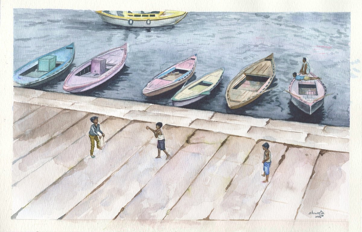 Photorealistic Landscape Watercolour By Shweta Mahajan, 12 X 8", Boats On Varanasi Ghats, Original Artwork