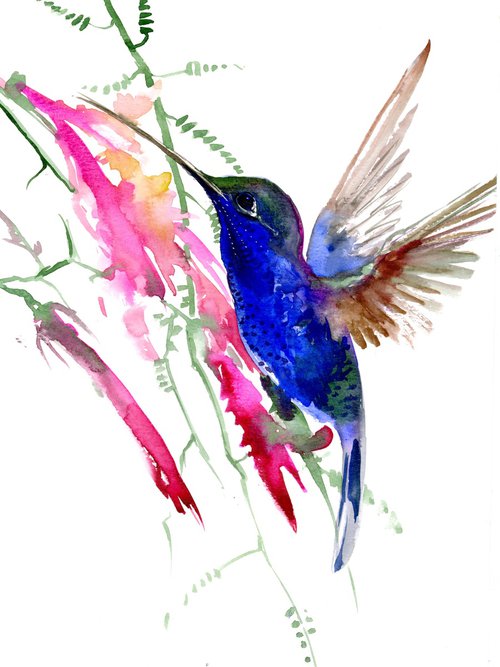 Blue Hummingbird and Tropical Flowers by Suren Nersisyan
