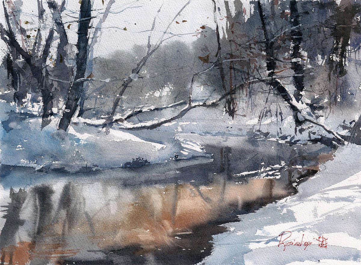 Impressionistic Landscape Watercolour By Yurii Prysiazhnyi, 11 X 14", The Thaw, Original Artwork