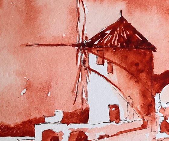 Simply Santorini - Original Ink and Watercolour Sketch - UK Artist