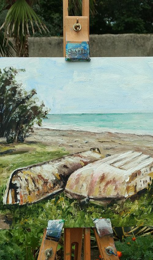 Two friends - seascape with boats by Leonid Plekhanov