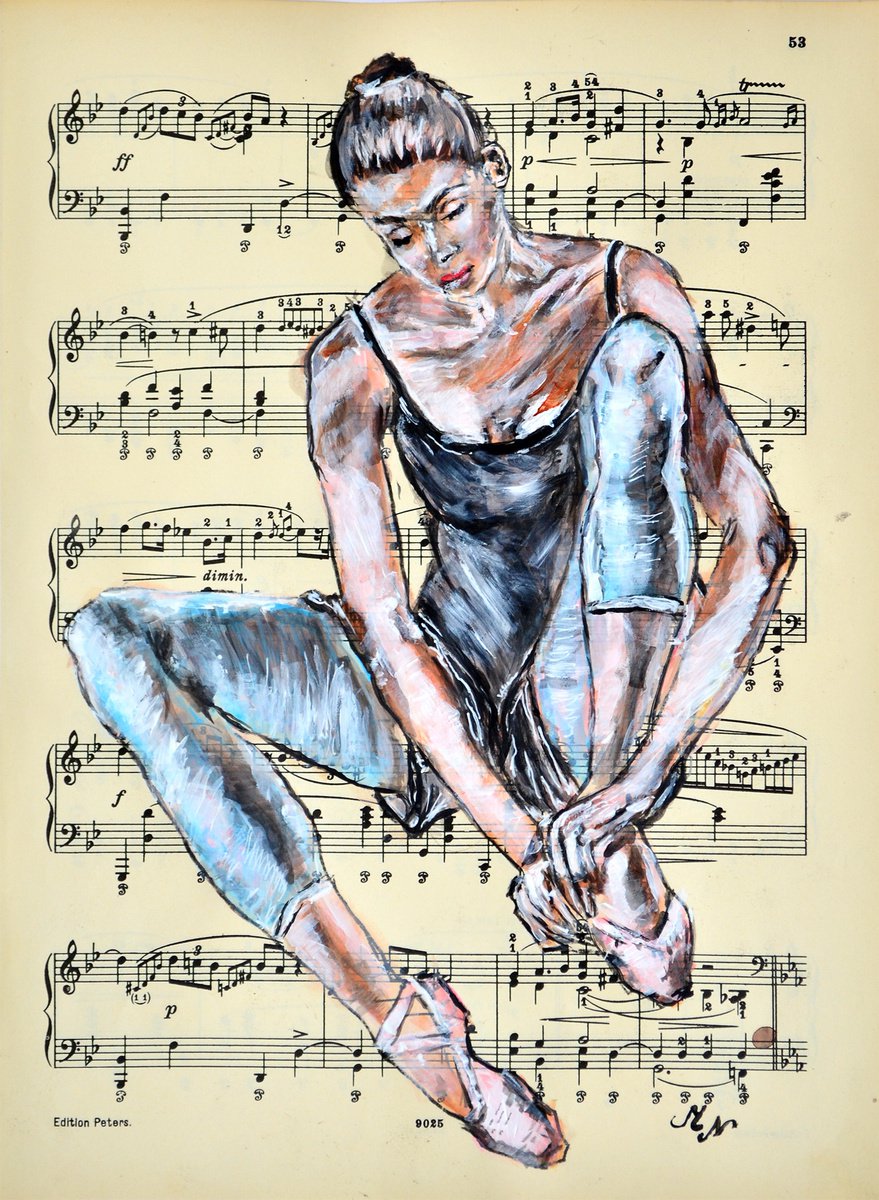 Expressive Portrait Collage By Misty Lady - M. Nierobisz, 8 X 12", Ballerina Xxvi - Music Page, Original Artwork