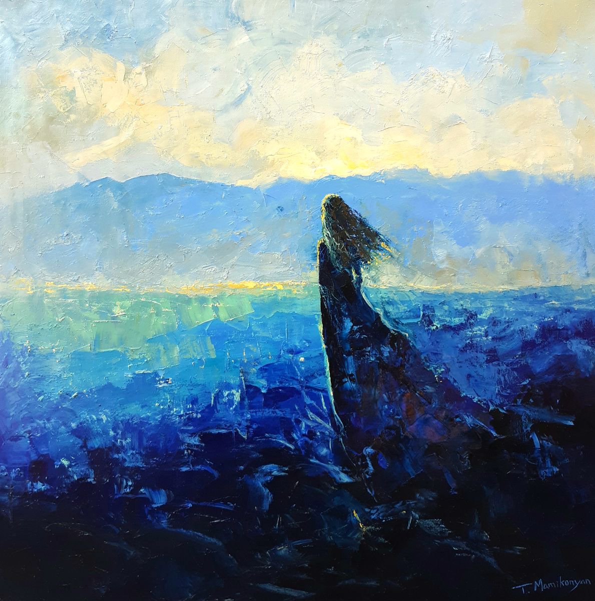 Impressionistic Portrait Oil Painting By Tigran Mamikonyan, 31 X 31", Morning Wind 80X80Cm, Original Artwork
