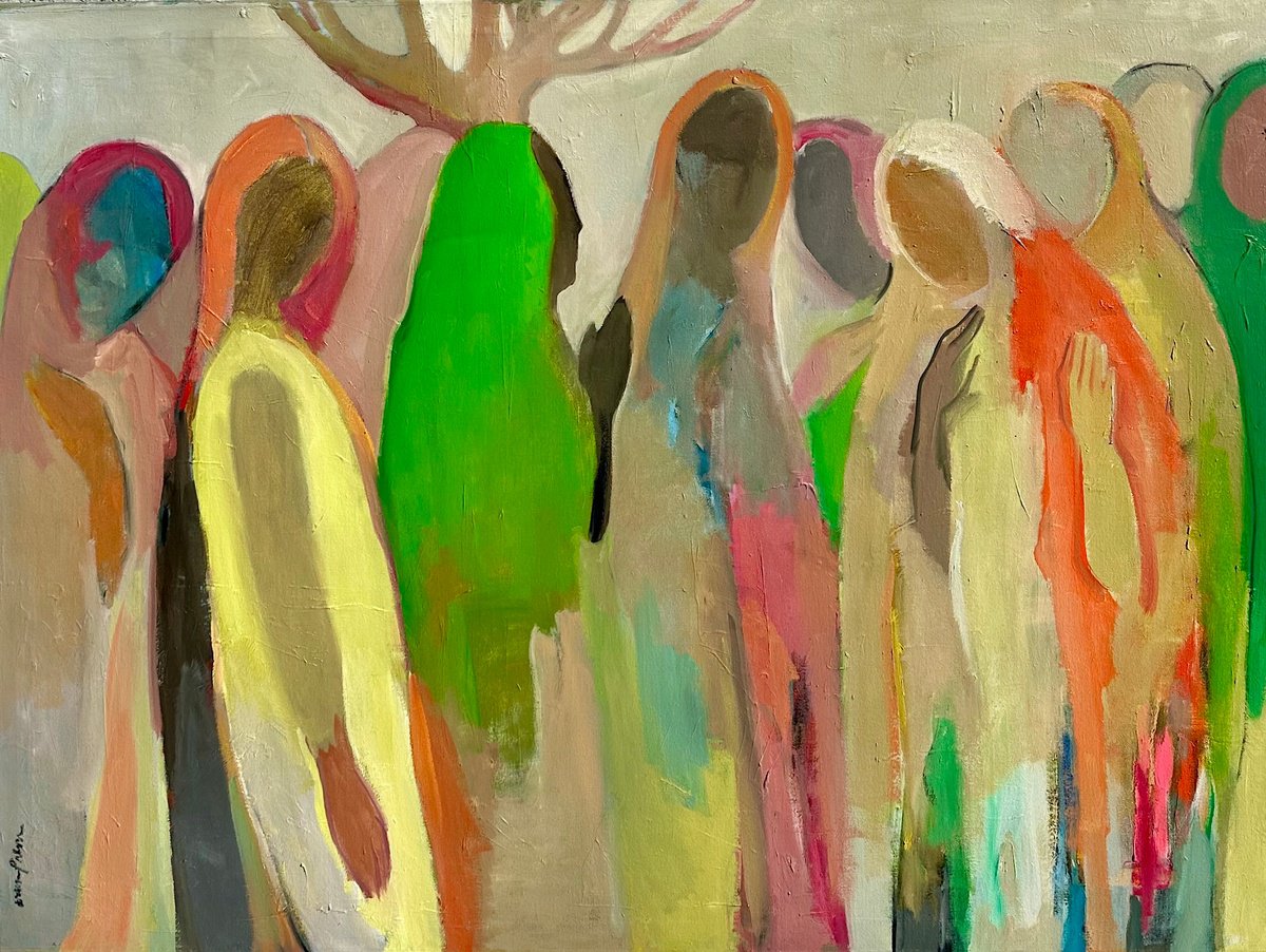 Expressive Abstract Oil Painting By Arun Prem, 48 X 36, Tales Of The Village #3, Original Artwork