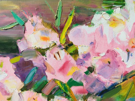 Summer impressions . Azalea booms .  Sunny painting of a flowering branch .  Original oil painting