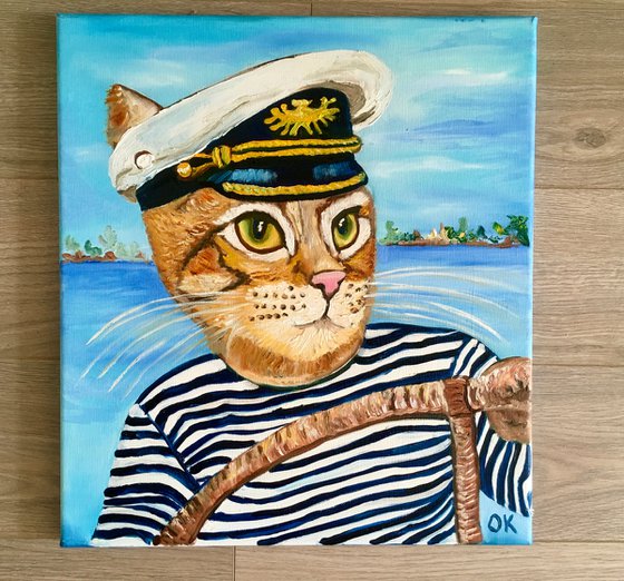 Troy The  Cat- Captain  oil painting for cat lovers.