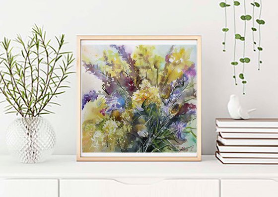 Original watercolor painting, abstract flowers, lupines wildflowers, floral wall art wall decor, nature art artwork native grasses