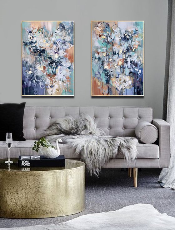 Paradise Vision - Flowers painting 48" x 36" Abstract Flower Art, Set of Two Paintings, Multi Panel Abstract, ORIGINAL Painting, Gold Leaf Painting, Black and Gold, Large Art