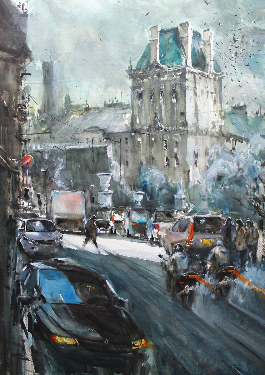 Impressionistic Cityscapes Watercolour By Maximo Damico, 22 X 30", Hi?tel De Ville, Original Artwork
