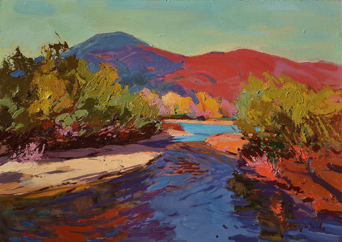 Impressionistic Landscape Oil Painting By Alexander Shandor, 28 X 20, The Evening Is Burning Away, Original Artwork