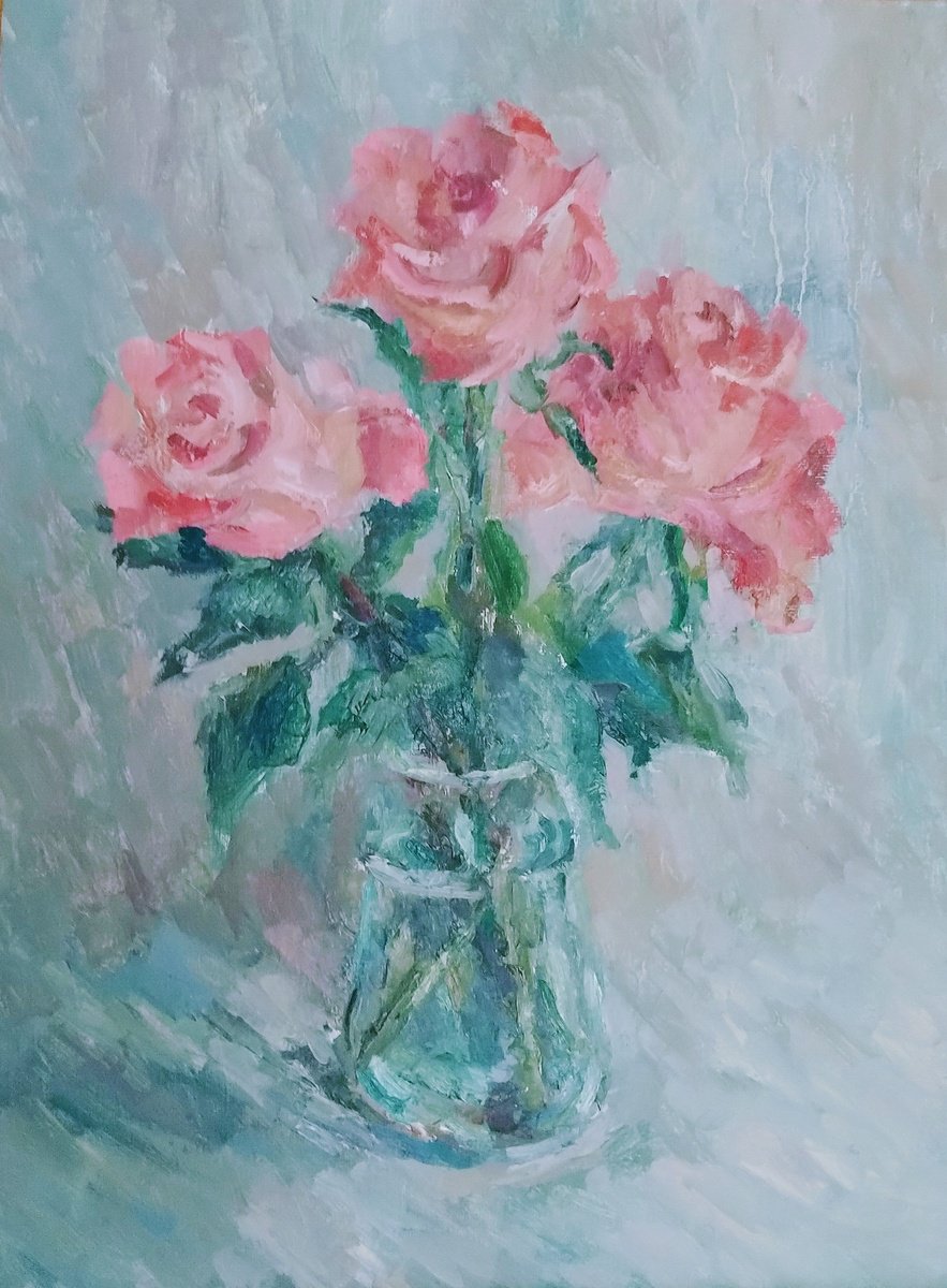Impressionistic Still Life Oil Painting By Elena Klyan, 12 X 16, Bouquet Of Roses., Original Artwork