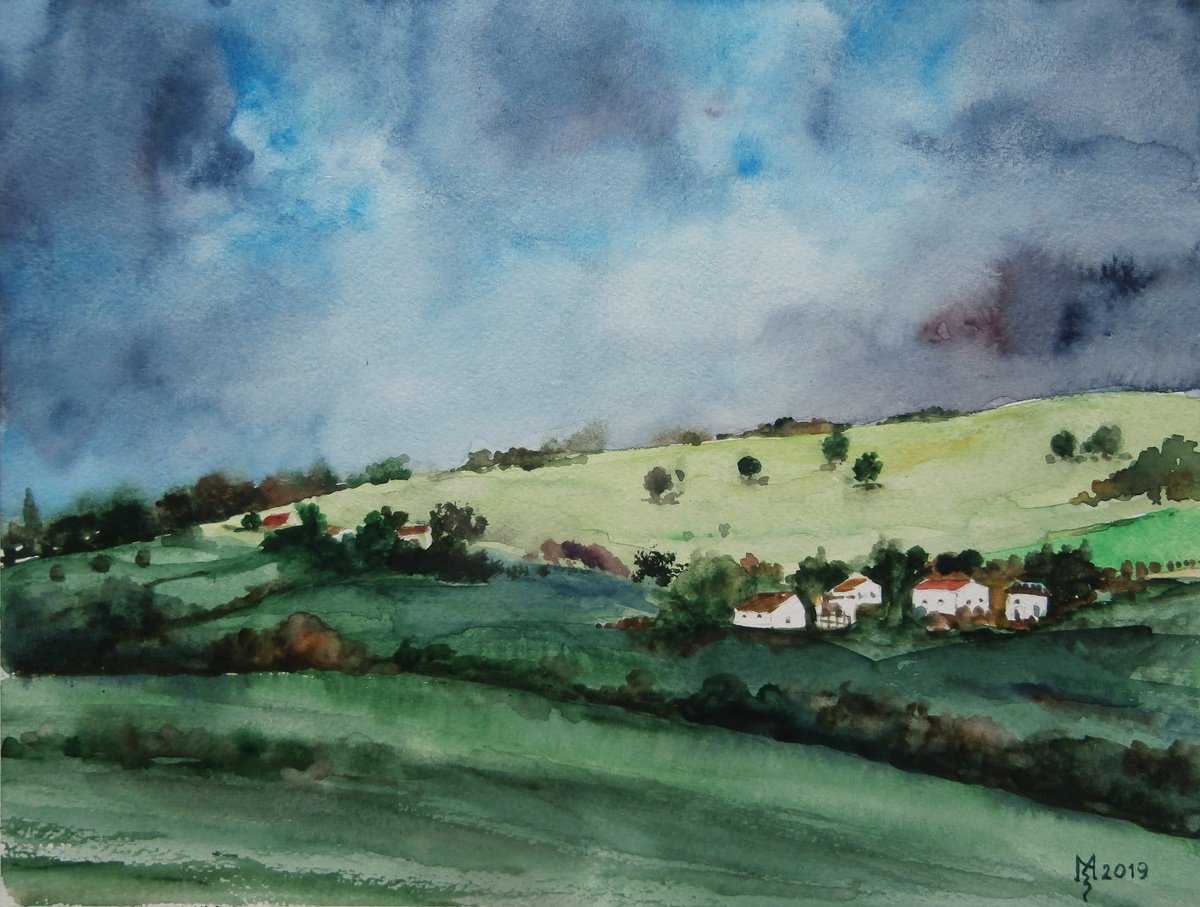 Impressionistic Landscape Watercolour By Zoran Mihajlovic Muza, 13 X 10", Landscape, Original Artwork