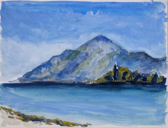 Pontikonisi - Corfu island - original watercolor painting - seascape painting - waves