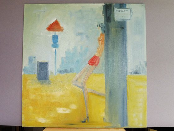 GIRL COOL LEAN POLE, Summer in the City. Original Oil Figurative Painting. Varnished.