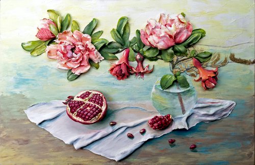 With Renewed Vigor - beautiful pomegranate bloom still life, original textured wall relief , decor, bas relief, home decor, gift idea, red, green 60x40x5 cm by Irina Stepanova