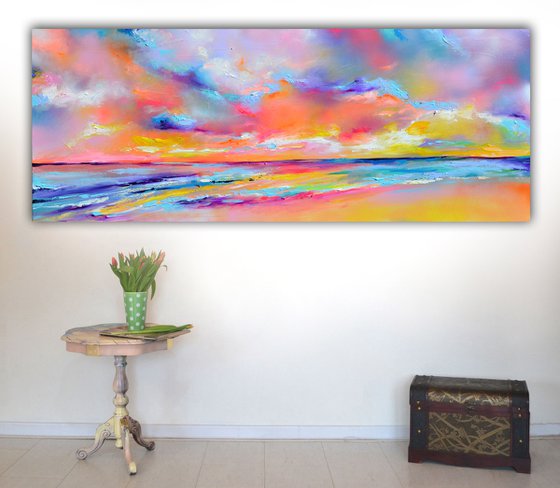 New Horizon 140 - 150x60 cm, Colourful Painting, Colourful Sunset Painting, Impressionistic Colorful Painting, Large Modern Ready to Hang Abstract Seascape Landscape, Pink Sunset, Sunrise, Ocean Shore