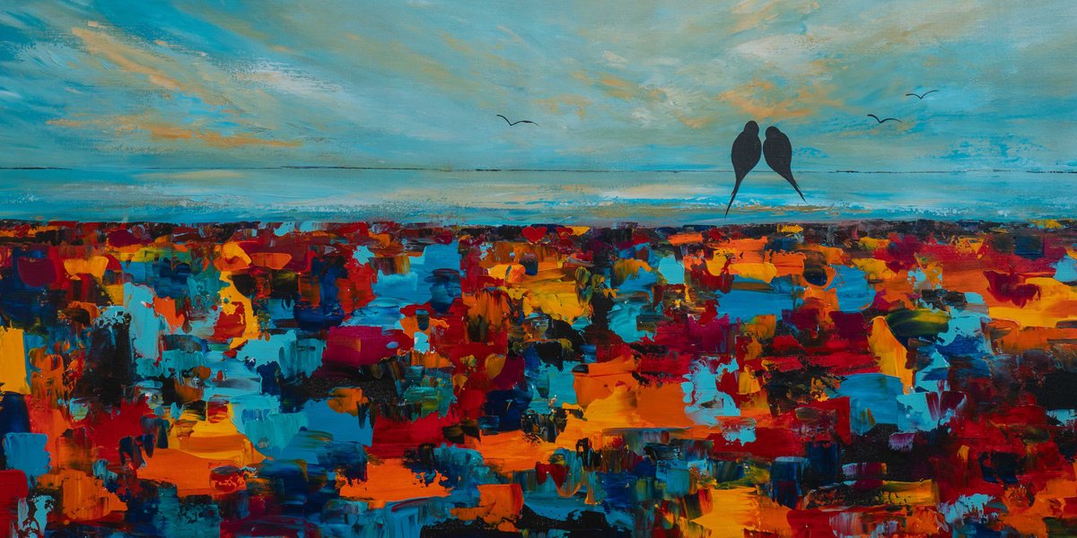 Abstract Animal Acrylic Painting By Art By Catalin, 47 X 24, Birds On A Wire 39, Original Artwork